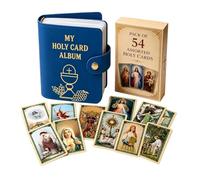 Catholic Genuine Leather Holy Card Holder，Pocket-Sized Prayer Card Storage Box,Religious Gift for Believers,with 54 Prayer Cards(Blue)