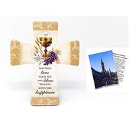 Catholic Gift Shop First Holy Communion Glazed Porcelain Chalice Cross + Lourdes Prayer Card