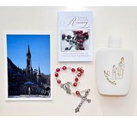 Catholic Gift Shop Lourdes Holy Water Prayer Card & Single Decade Crystal Ruby Rosary Beads