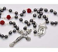 Catholic Gift Shop Ltd Lourdes Hematite Rosary Beads with Red Roses Lourdes Prayer Card