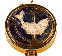 Catholic Gift Shop Pyx with Enamel Fish Motif & Lourdes Prayer Card