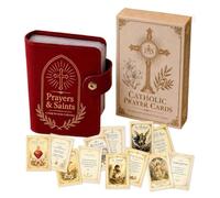 Catholic Holy Card Gift Set with Faux Leather Holder, 54 Prayer Pack Pocket Organizer for First Communion and Confirmation, Devotional Saint Keepsake Religious Present for Church and Travel (Red)