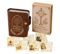 Catholic Holy Card Gift Set with Faux Leather Holder, 54 Prayer Pack Pocket Organizer for First Communion and Confirmation, Devotional Saint Keepsake Religious Present for Church and Travel (Brown)