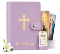 Catholic Holy Card Holder, Faux Leather Prayer Card Organizer with 40 Card Sleeves and Snap Closure, Pocket Holy Card Case for Mass, Daily Prayer, Memorial Cards and Religious Gifts (Violet,2PCS)