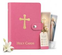 Catholic Holy Card Holder, Faux Leather Prayer Card Organizer with 40 Card Sleeves and Snap Closure, Pocket Holy Card Case for Mass, Daily Prayer, Memorial Cards and Religious Gifts (Pink,6PCS)