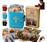 Catholic Leather Holy Card Holder with 54 Catholic Prayers Cards, Pocket Christian Holy Prayer Card Organizer with Snap Closure, Portable Travel Wallet for Religious Catholic & Christian Gift (Blue)