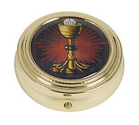 Catholic Pyx Case Gold Tone IHS Chalice and Host Communion PYX with Epoxy Lid, 2 1/4 Inch