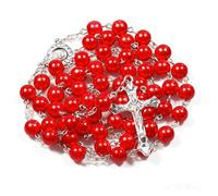 Catholic Rosary Necklace, 8mm Pearl Beads, Crucifix Charms, Long Prayer Red | Catholic Rosary with 8mm Pearl Beads & Crucifix Charms. Long Prayer Necklace for Women, Catholic Gift, Red