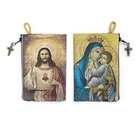 Catholic Rosary Pouch, Our Lady of Mount Carmel & Sacred Heart of Jesus, 4" x 6" Jewelry & Coin Purse with Cross, Small Woven Tapestry Icon Bag, Bolsa de Rosario Católico para Joyería