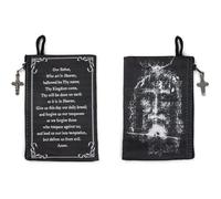 Catholic Rosary Pouch, Shroud of Turin & the Lord's Prayer, 4"x6" Jewelry & Coin Purse with Cross, Small Woven Tapestry Icon Bag, Black, Rosary Pouch With Shroud of Turin & Lord's Prayer