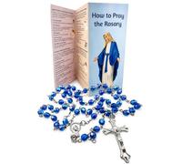 Catholic Rosary with Blue Beads Metal Crucifix and Prayer Guide Booklet