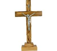 Catholic Standing OR Hanging Crucifix Cross, Certified Olive Wood Home Décor Table and Wall Cross from Jerusalem, Israel, Holy Land Tabletop Jesus Crucifixion Cross for Desk, Crucifijo Católico Cruz
