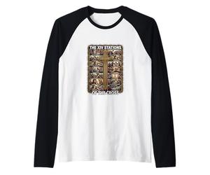 Catholic Stations of The Cross Lent Crucifix Latin Lenten Raglan Baseball Tee
