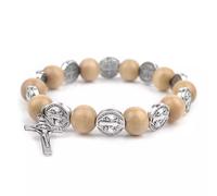 Catholic Town bracelet with Saint Benedict alloy beads, 10mm wood beads and crucifix (available colors: Black, Brown, Ivory and Red), Standard, Zinc Alloy, wood, no gemstone