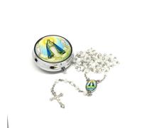 Catholic Town Rosary Necklace with Our Lady of Charity "Virgen de la Caridad del Cobre" center piece, Cross Crucifix and metallic box (Available in Red, White and Yellow colors), Zinc, Created Pearl
