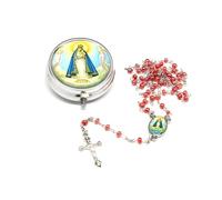 Catholic Town Rosary Necklace with Our Lady of Charity "Virgen de la Caridad del Cobre" center piece, Cross Crucifix and metallic box (Available in Red, White and Yellow colors), Zinc, Created Pearl