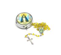 Catholic Town Rosary Necklace with Our Lady of Charity "Virgen de la Caridad del Cobre" center piece, Cross Crucifix and metallic box (Available in Red, White and Yellow colors), Zinc, Created Pearl
