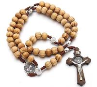 Catholic Wooden Rosary Necklace, Natural Wood Beads Cross Necklace, Handmade Vintage Religious Prayer Chaplet String for Catholic Christians Religious Communion, Baptism, Mass, Bible