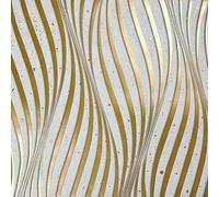 Cathpetic Gold and White 3D Wave Stripes Glitter Wallpaper 9.5×0.53m,Embossed Roll for Living Room Bedroom Kitchen Front Room,Non Woven Fabric Wallpaper Luxury Modern Abstract