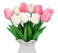 CATIEBYE 10 Pcs Artificial Tulips Bouquet PU Material Faux Flowers with Wire Stems Elegant White and Pink Decorative Tulip Flowers for Wedding Home Table Window Sill and Porch Decoration