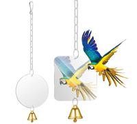 CATIEBYE 2Pcs Bird Mirror with Bell for Parrot and Conure Acrylic Swing Mirror for Birdcages Accessories Stainless Steel Hook and Chain Link Cage Decoration to Attract Birds Attention