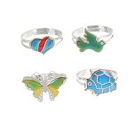 CATIEBYE 4pcs Adjustable Thermochromic Mood Rings for Kids, Cartoon Animal Opening Rings with Butterfly, Heart, Turtle, and Seabird Designs, Random Colors, Girls’ Fun Jewelry for Everyday Wear