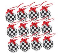 CATIEBYE Checkered Christmas Baubles 6cm Plastic Holiday Ornaments with Red Ribbon, Black and White Glitter Balls for Christmas Tree Decorations, 12pcs Set for Xmas Home Festival
