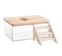 CATIEBYE Hamster Dust Bath Box with Panoramic Design, Small Wooden Lid, and Mini Ladder - Pet Rat Accessory for Small Animal Sand Bath and Activity Shelter