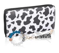 CATIEBYE PU Leather Cow Print Wallet with Beaded Tassel Wristlet Keychain Long Zip Closure Cash and Card Holder for Women Stylish Cow Pattern Purse for Shopping and Travel