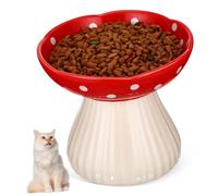 CATIEBYE Raised Ceramic Cat Bowl with Red Mushroom Stand, Whisker-friendly Wide Elevated Pet Feeder for Indoor Cats and Small Dogs