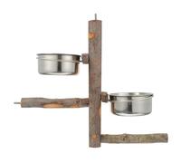 CATIEBYE Stainless Steel Bird Feeding Bowl with Natural Wood Perch Stand for Parrots and Birds Comfortable Standing Platform and Private Relaxing Space