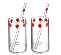 CATIEBYE Strawberry Print High Borosilicate Glass Milk Cup Straw 2pcs Heat-Resistant Juice and Coffee Glasses for Home and Indoor Use Random Style