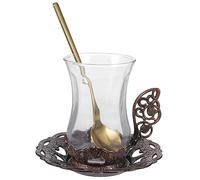CATIEBYE Vintage Glass Tea Cup with Saucer and Spoon Multi Use Hand Blown Household Milk and Coffee Cup for Home Office Cafe Restaurant Heat Resistant and Easy to Clean Friends