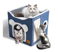 CATISM Cat Bed for Indoor Foldable Cube Cat House Indoor Multifunctional Large Cat Cave with Scratch Board and Fluffy Ball for Pets, 15.7 * 15.7 * 15inch, Blue