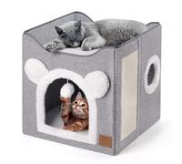 CATISM Foldable Cat House, Cat Bed 2 Layer Large Cat Cave for Pet with Scratching Board and Fluffy Ball for Small Medium Pets Indoor