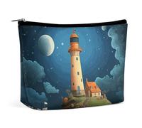 Catoon Whale Lighthouse Makeup Bag, Portable PU Leather Cosmetic Bag with Zipper Pouch, Waterproof Travel Toiletry Bag for Women Men