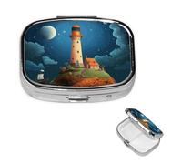 Catoon Whale Lighthouse Pill Box 2 Compartment Square Portable Pill Case for Pocket or Purse Small Weekly Medicine Planner Travel Pillbox with Mirror Decorative Metal Vitamin Holder Gifts