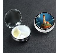 Catoon Whale Lighthouse Pill Box 3 Compartment Round Portable Pill Case for Pocket or Purse Small Weekly Medicine Planner Travel Pillbox with Mirror Decorative Metal Vitamin Holder Gifts