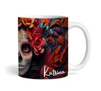 Catrina Day of The Dead Name Orange Floral Tea Coffee Cup Gift Personalised Mug - Gift for Birthday, Gift for Christmas, Custom Personalised Gift, Coffee Mug, Tea Mug, Cup