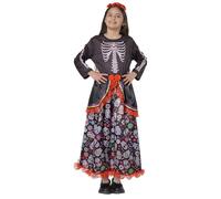 Catrina Girl's Mexican Skull Costume Halloween Children's Long Dress Colorful Flowers with Headband Pink Day of the Dead Carnival Terror (Catrina Dress, 10-12)