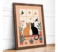 Cats and Birds Interior Eclectic Framed Wall Art Print A4 (29.7×21cm) Walnut, Wall Decor for Living Room, Bedroom, Office & Home, Ready to Hang, Art Gift