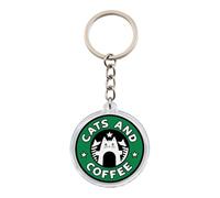 “Cats and Coffee” Keychain - Parody Logo with White Cat in Green Circle, Funny Pet & Brew Accessory for Bags, Keys, Backpacks - Kawaii Cafe Lover Charm