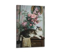 Cats And Flowers Oil Painting Wall Art, Wholesome Decor for Living Room And Bedroom Artistic Wall Mural Modern Hanging Decor Poster08x12inch(20x30cm)
