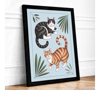 Cats and Palm Leaves Modern Framed Wall Art Print A4 (29.7×21cm) Black, Wall Decor for Living Room, Bedroom, Office & Home, Ready to Hang, Art Gift