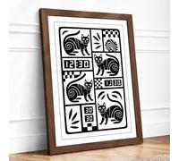 Cats and Snails at Noon Geometric Framed Wall Art Print A2 (59.4×42cm) Walnut, Wall Decor for Living Room, Bedroom, Office & Home, Ready to Hang, Art Gift