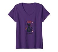 Cats are Furry Little Teachers: Whimsical Pet Wisdom V-Neck T-Shirt, Women, Purple, XL