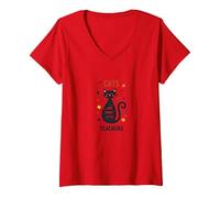 Cats are Furry Little Teachers: Whimsical Pet Wisdom V-Neck T-Shirt, Women, Red, M