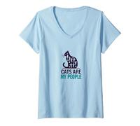 Cats are My People - Feline Lover Silhouette Art V-Neck T-Shirt, Women, Baby Blue, S