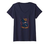 Cats are The Cure: Whimsical Pet Lover Art V-Neck T-Shirt, Women, Navy, S