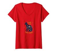 Cats are The Cure: Whimsical Pet Lover Art V-Neck T-Shirt, Women, Red, S